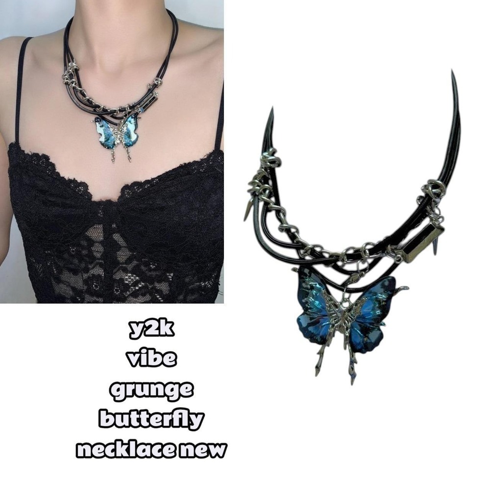Y2K dark fairy grunge moth butterfly spike necklace NEW